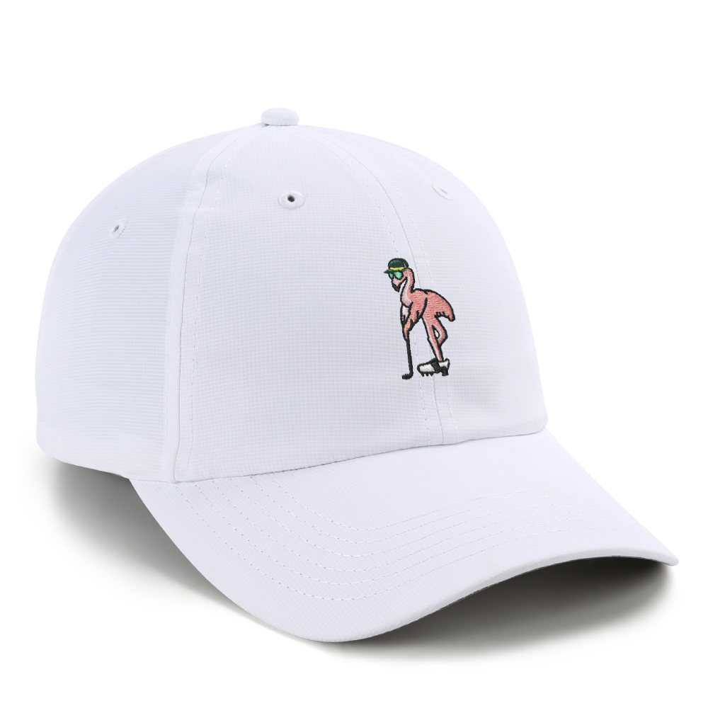 white performance cap featuring flamingo with a green hat embroidery