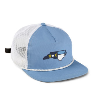 light blue and white meshback rope cap with north carolina state shape embroidery