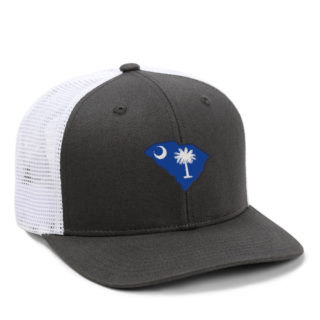 charcoal and white high crown meshback cap featuring south carolina state shape embroidery with flag fill