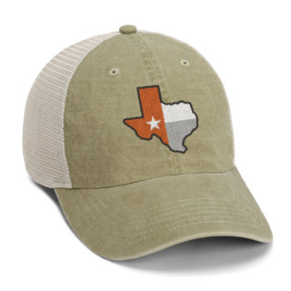 tan and stone meshback cap with orange texas state shape embroidery