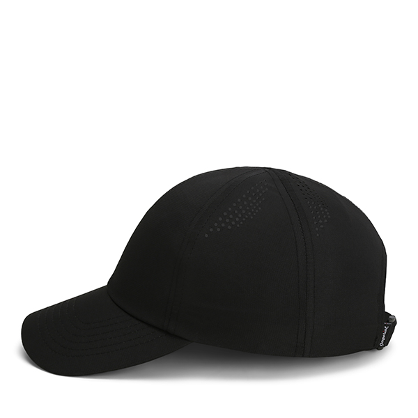Black performance cap with perforated pattern on top - side view