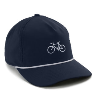 navy performance cap with white woven rope and bicycle embroidery